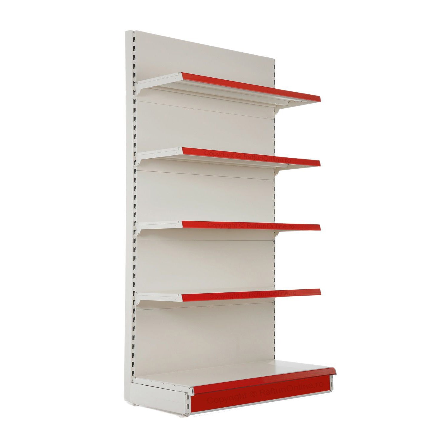 Wall shelf for shop, white and red, height 225 cm, Base 50 cm + 4 shelves of 40 cm