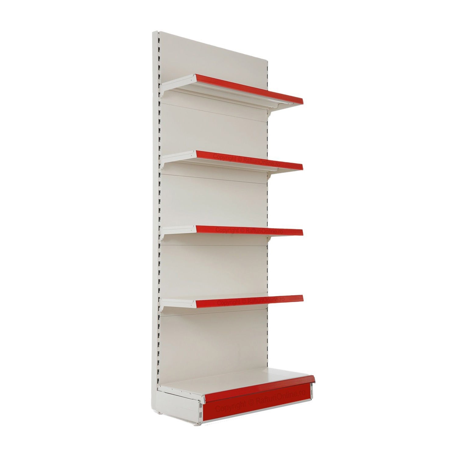 Wall shelf for shop, white and red, height 225 cm, Base 50 cm + 4 shelves of 40 cm